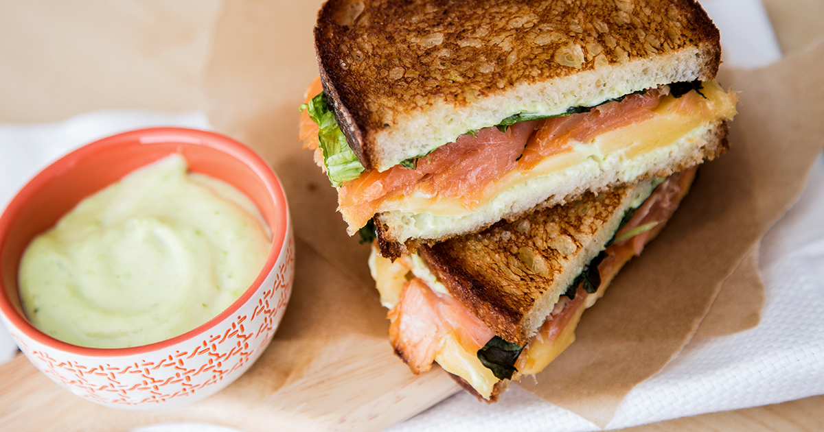 Plain grilled cheese was so yesterday. Make your grilled cheese bold and adventurous with some wasabi and smoked slamon. #grilledcheese #morecheeseplease