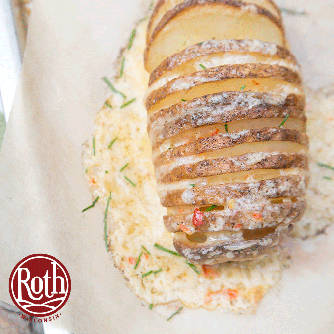 Did your jaw drop when you saw this sliced potato stuffed with Havarti cheese? We’re definitely still drooling.