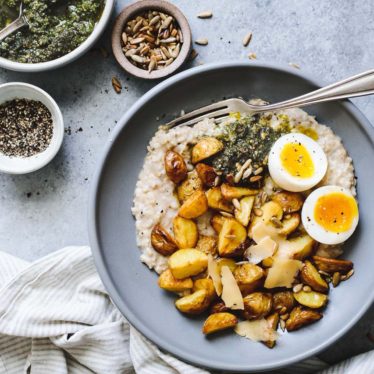 Savory Oatmeal with Gouda, Crispy Potatoes & Pesto