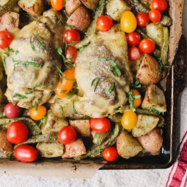 Gouda Pesto Sheet Pan Chicken