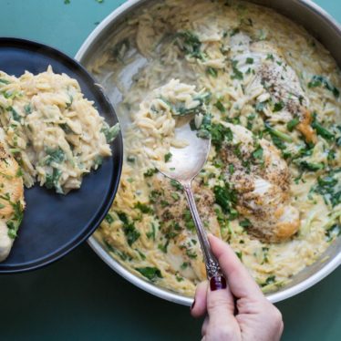 One Skillet Chicken with Cheesy Orzo and Baby Kale