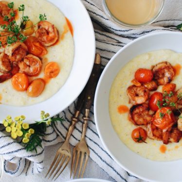 Cheesy Corn Grits with Fiery Shrimp