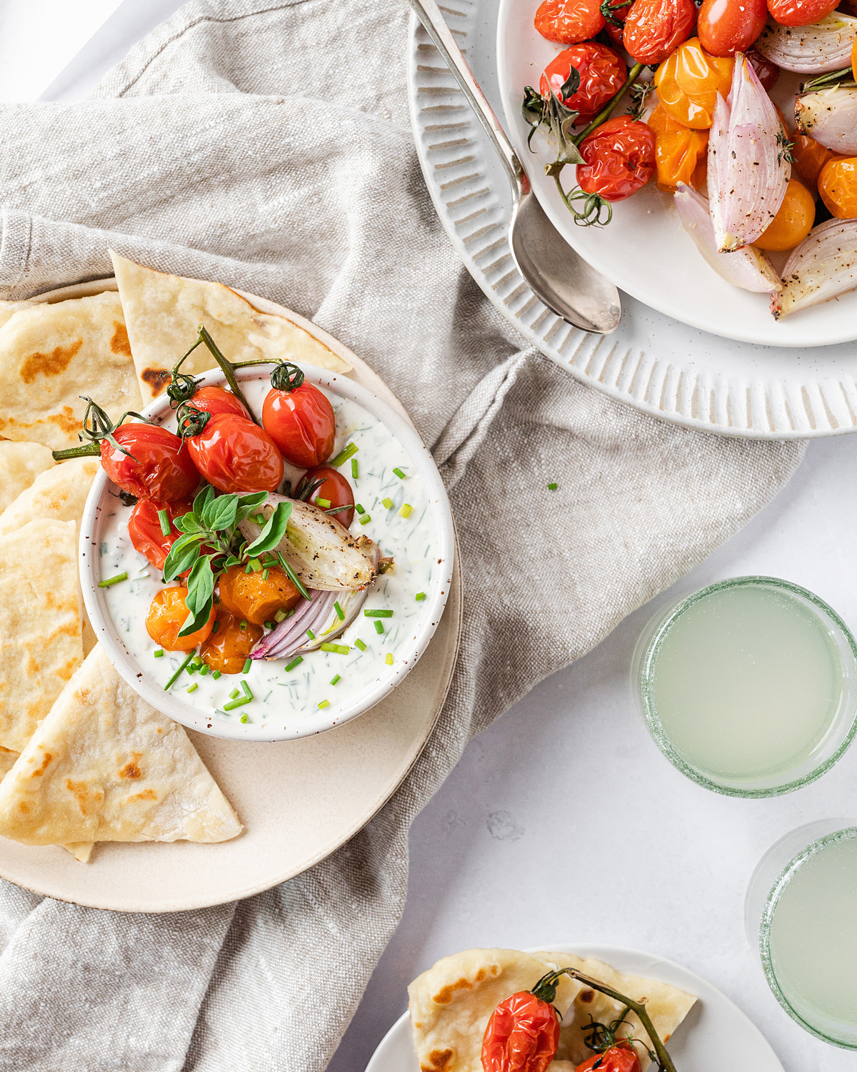 Whipped Herbed Goat Cheese with Roasted Tomatoes and Homemade Flatbreads